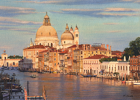 A painting of the Grand Canal and Il Salute in Venice, Italy at sunset by Margaret Heath.